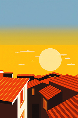 JPG 백그라운드 일러스트 하늘 주택 풍경 사람없음 건물 태양 노을 주황색 분위기 국내일러스트 AI일러스트 AI콘텐츠 자연요소 건축물 컬러 컨셉 파일형식