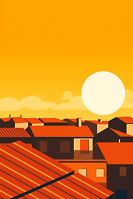 JPG 백그라운드 일러스트 하늘 주택 풍경 사람없음 건물 태양 노을 주황색 분위기 국내일러스트 AI일러스트 AI콘텐츠 자연요소 건축물 컬러 컨셉 파일형식