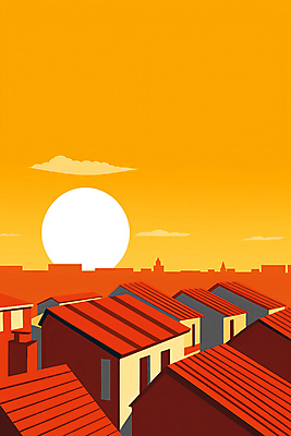 JPG 백그라운드 일러스트 하늘 주택 풍경 사람없음 건물 태양 노을 주황색 분위기 국내일러스트 AI일러스트 AI콘텐츠 자연요소 건축물 컬러 컨셉 파일형식