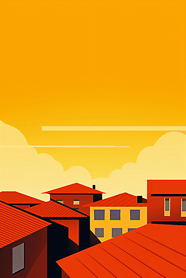 JPG 백그라운드 일러스트 하늘 주택 풍경 사람없음 건물 태양 노을 주황색 분위기 국내일러스트 AI일러스트 AI콘텐츠 자연요소 건축물 컬러 컨셉 파일형식