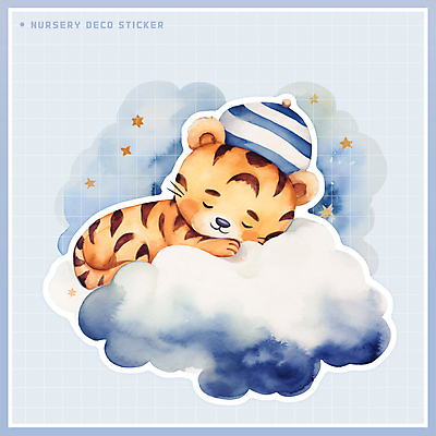 PSD 구름 모자 별 동물캐릭터 스티커 일러스트 수채화 사람없음 파란색 귀여움 잠 호랑이 국내일러스트 일러캐릭터 자연요소 동물 캐릭터 잡화 컬러 컨셉 포유류 파일형식