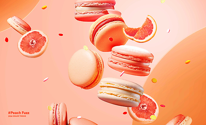 PSD 편집이미지 사람없음 자몽 마카롱 2024년 트렌드컬러 피치퍼즈 이미지편집 컬러 과일 디저트 연도 파일형식