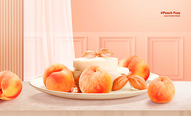 PSD 편집이미지 접시 치즈 사람없음 커튼 복숭아 2024년 트렌드컬러 피치퍼즈 이미지편집 식기 컬러 과일 유제품 연도 파일형식