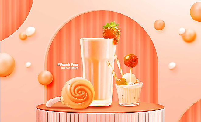 PSD 편집이미지 음료 딸기 아이스크림 디저트 사탕 사람없음 원형 포디움 2024년 트렌드컬러 피치퍼즈 이미지편집 도형 음식 컬러 과일 무대 연도 파일형식