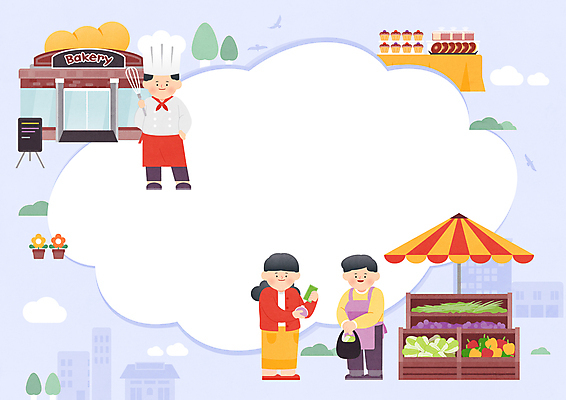 전신 나무 여자 남자 꽃 화분 빵 지폐 채소 일러스트 비닐봉투 프레임 서기 들기 성인 세명 보라색 빵집 파라솔 풀 구매 상인 고객 거품기 구름모양 가판대 입간판 제빵사 성인만 국내일러스트 AI파일 모양 식물 직업 음식 컬러 돈 모션 주방용품 봉투 간판 사람 쇼핑 상점 파일형식 벡터 구름_자연