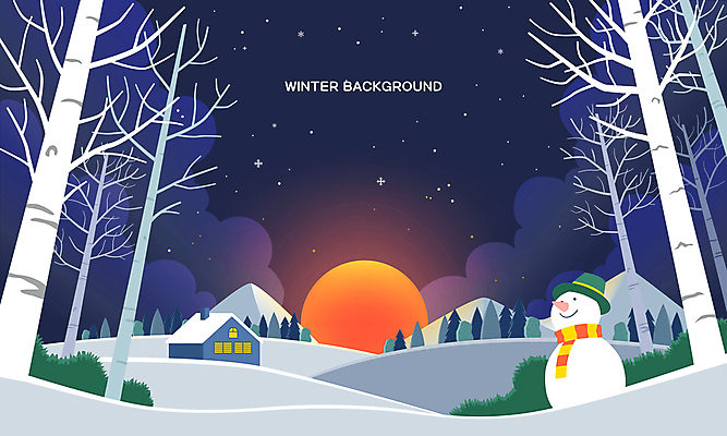겨울 일러스트 눈사람 밤하늘 새해 주택 풍경 사람없음 태양 일출 설원 숲속 자작나무 국내일러스트 AI파일 자연요소 나무 계절 하늘 눈_날씨 건물 노을 야간 숲 파일형식 벡터