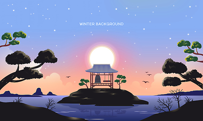 바다 백그라운드 겨울 일러스트 새해 그림자 사람없음 반짝임 태양 일출 종 소나무 정자 역광 새떼 국내일러스트 AI파일 자연요소 나무 건축물 계절 모션 조류 노을 파일형식 벡터
