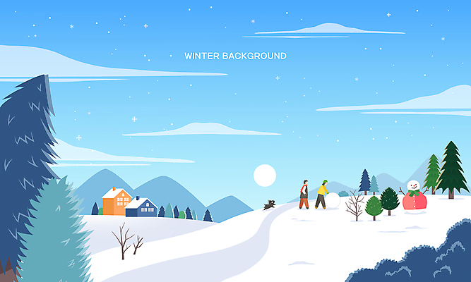 전신 나무 구름 한마리 여자 남자 겨울 일러스트 눈사람 새해 주택 풍경 성인 두명 파란색 태양 일출 소나무 강아지 언덕 눈길 눈굴리기 눈사람만들기 성인만 국내일러스트 AI파일 자연요소 식물 1 계절 길 컬러 눈_날씨 사람 건물 반려동물 노을 개 만들기 굴리기 파일형식 벡터