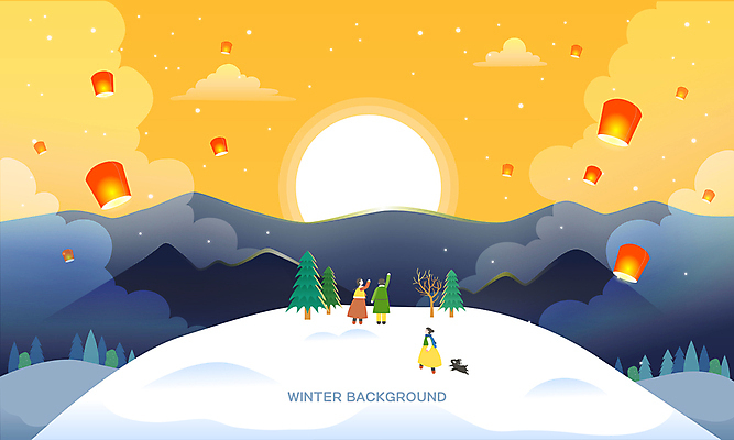 전신 나무 한마리 여자 남자 백그라운드 겨울 일러스트 새해 산 서기 성인 세명 태양 노란색 걷기 일출 절벽 눈 강아지 한복 언덕 연등 손뻗기 연등놀이 성인만 국내일러스트 AI파일 자연요소 식물 1 한국전통 계절 컬러 모션 날씨 사람 반려동물 노을 전통놀이 등불 개 전통의상 불교용품 파일형식 벡터