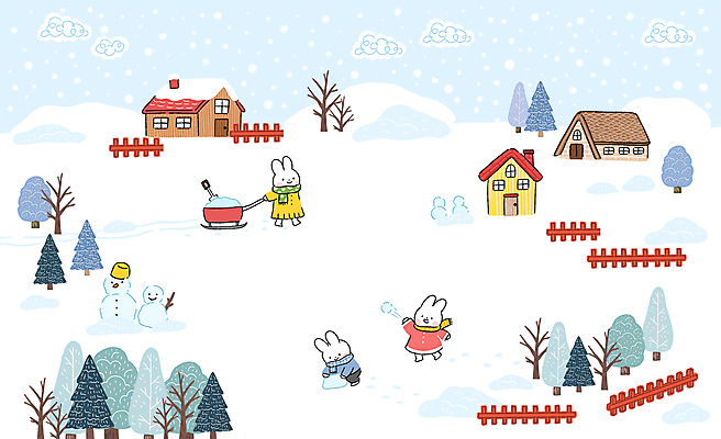 PSD 나무 구름 캐릭터 하늘색 일러스트 눈사람 주택 앉기 사람없음 울타리 설원 눈 던지기 당기기 수집 토끼캐릭터 썰매 눈덩이 국내일러스트 일러캐릭터 자연요소 식물 동물캐릭터 모션 날씨 눈_날씨 건물 파란색 담장 토끼 파일형식