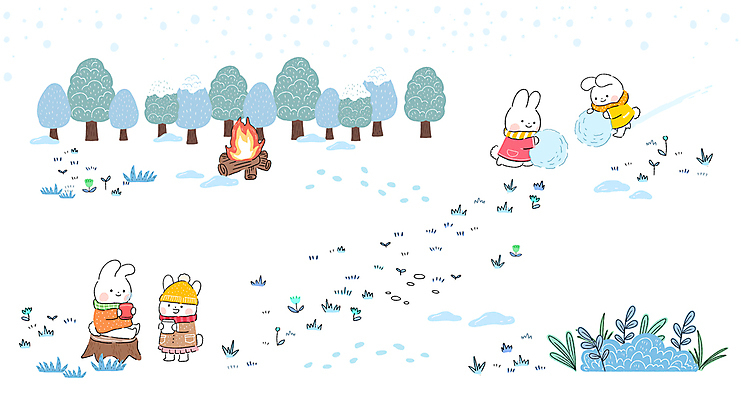 PSD 나무 캐릭터 일러스트 서기 들기 앉기 사람없음 설원 머그컵 흰색 풀 발자국 모닥불 토끼캐릭터 눈덩이 눈굴리기 통나무의자 국내일러스트 일러캐릭터 식물 컬러 동물캐릭터 의자 자국 모션 불 눈_날씨 컵 토끼 굴리기 파일형식