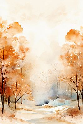 JPG 나무 길 백그라운드 겨울 일러스트 붓터치 추상 수채화 풍경 사람없음 주황색 풀 숲 번짐 국내일러스트 AI일러스트 AI콘텐츠 식물 계절 컬러 무늬 파일형식 효과