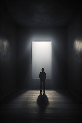 JPG 전신 편집이미지 남자 실내 한명 서기 성인 빛 문 어둠 공간 방 고독 혼자 성인남자한명만 편집실사 AI인물포토 AI콘텐츠 1 감정 모션 사람 내부 CG 남자한명만 성인남자만 파일형식 AI포토