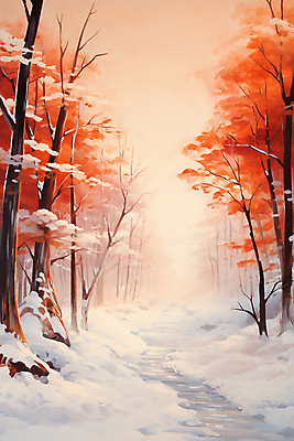 JPG 나무 포스터 겨울 일러스트 자연 사람없음 햇빛 주황색 숲 눈길 유화 눈덮임 겨울배경 국내일러스트 AI일러스트 AI콘텐츠 식물 계절 길 컬러 백그라운드 컨셉 눈_날씨 미술 태양 생태계 파일형식