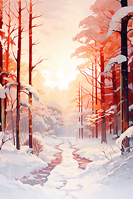 JPG 나무 포스터 겨울 일러스트 자연 사람없음 햇빛 주황색 숲 눈길 유화 눈덮임 겨울배경 국내일러스트 AI일러스트 AI콘텐츠 식물 계절 길 컬러 백그라운드 컨셉 눈_날씨 미술 태양 생태계 파일형식