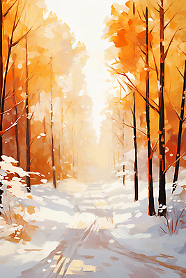 JPG 나무 포스터 겨울 일러스트 자연 사람없음 햇빛 주황색 숲 눈길 유화 눈덮임 겨울배경 국내일러스트 AI일러스트 AI콘텐츠 식물 계절 길 컬러 백그라운드 컨셉 눈_날씨 미술 태양 생태계 파일형식