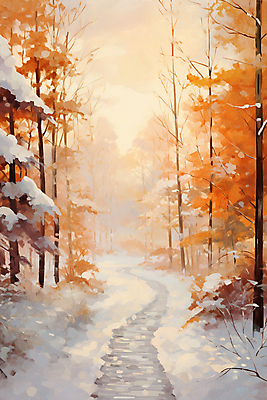 JPG 나무 포스터 겨울 일러스트 자연 사람없음 햇빛 주황색 숲 눈길 유화 눈덮임 겨울배경 국내일러스트 AI일러스트 AI콘텐츠 식물 계절 길 컬러 백그라운드 컨셉 눈_날씨 미술 태양 생태계 파일형식