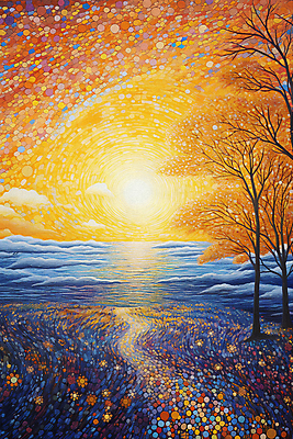 JPG 포스터 백그라운드 꽃밭 일러스트 자연 하늘 풍경 초원 사람없음 태양 일몰 그림 점묘화 국내일러스트 AI일러스트 AI콘텐츠 자연요소 꽃 미술 노을 생태계 파일형식