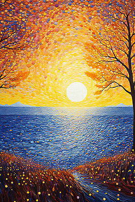 JPG 포스터 바다 백그라운드 일러스트 자연 하늘 풍경 초원 사람없음 태양 일몰 나뭇가지 그림 윤슬 점묘화 국내일러스트 AI일러스트 AI콘텐츠 자연요소 나무 물결 미술 노을 생태계 파일형식