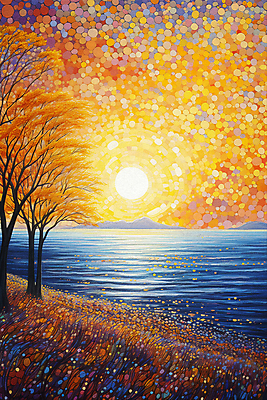 JPG 나무 포스터 바다 백그라운드 일러스트 자연 하늘 풍경 초원 사람없음 태양 일몰 그림 윤슬 점묘화 국내일러스트 AI일러스트 AI콘텐츠 자연요소 식물 물결 미술 노을 생태계 파일형식