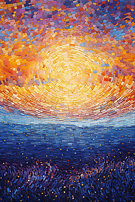 JPG 포스터 바다 백그라운드 일러스트 자연 하늘 풍경 사람없음 태양 일몰 그림 점묘화 국내일러스트 AI일러스트 AI콘텐츠 자연요소 미술 노을 생태계 파일형식