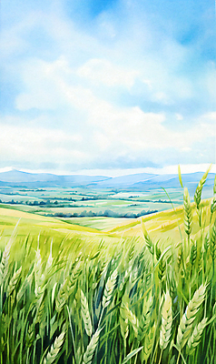 JPG 구름 백그라운드 일러스트 자연 하늘 산 풍경 초원 사람없음 여름 맑음 봄 풀 보리밭 청보리밭 국내일러스트 AI일러스트 AI콘텐츠 자연요소 식물 계절 밭 날씨 생태계 보리 파일형식