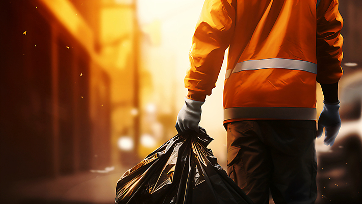 JPG 편집이미지 거리 한명 들기 사람 상반신 성인 뒷모습 일몰 도심 청소 쓰레기봉투 환경미화 환경미화원 성인한명만 편집실사 AI인물포토 AI콘텐츠 직업 1 뷰포인트 모션 봉투 노을 환경 도시 CG 성인만 파일형식 AI포토