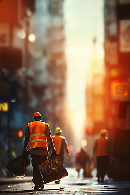 JPG 전신 편집이미지 거리 들기 사람 여러명 성인 뒷모습 걷기 일몰 도심 청소 쓰레기봉투 환경미화 환경미화원 성인만 편집실사 AI인물포토 AI콘텐츠 직업 뷰포인트 다수 모션 봉투 노을 환경 도시 CG 파일형식 AI포토