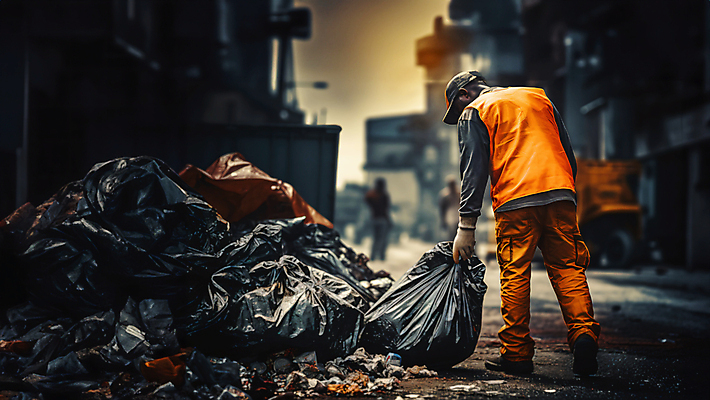 JPG 전신 편집이미지 거리 한명 들기 사람 성인 뒷모습 일몰 도심 쓰레기 청소 쓰레기봉투 쓰레기더미 쓰레기장 환경미화 환경미화원 성인한명만 편집실사 AI인물포토 AI콘텐츠 직업 1 뷰포인트 모션 봉투 노을 환경 도시 CG 성인만 파일형식 더미 AI포토