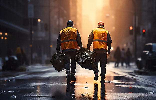 JPG 편집이미지 거리 들기 사람 성인 두명 뒷모습 걷기 일몰 도심 청소 쓰레기봉투 환경미화 환경미화원 성인만 편집실사 AI인물포토 AI콘텐츠 직업 뷰포인트 모션 봉투 노을 환경 도시 CG 파일형식 AI포토