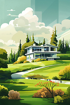 JPG 구름 일러스트 자연 하늘 주택 풍경 초원 사람없음 야외 건물 초록색 국내일러스트 AI일러스트 AI콘텐츠 자연요소 건축물 컬러 생태계 파일형식
