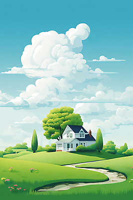 JPG 구름 일러스트 자연 하늘 주택 풍경 초원 사람없음 야외 건물 초록색 국내일러스트 AI일러스트 AI콘텐츠 자연요소 건축물 컬러 생태계 파일형식