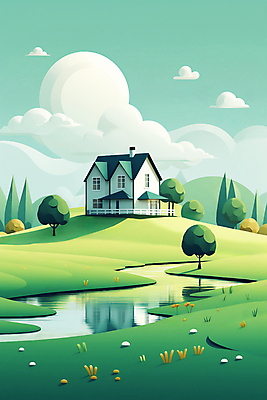 JPG 구름 일러스트 자연 하늘 주택 풍경 초원 사람없음 야외 건물 초록색 국내일러스트 AI일러스트 AI콘텐츠 자연요소 건축물 컬러 생태계 파일형식