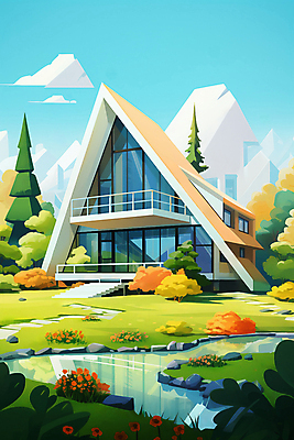 JPG 구름 호수 일러스트 자연 하늘 주택 풍경 초원 사람없음 야외 건물 국내일러스트 AI일러스트 AI콘텐츠 자연요소 건축물 생태계 파일형식