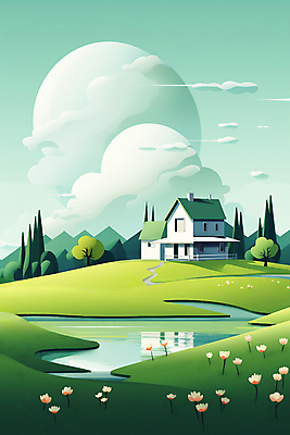 JPG 구름 호수 일러스트 자연 하늘 주택 풍경 초원 사람없음 야외 건물 초록색 국내일러스트 AI일러스트 AI콘텐츠 자연요소 건축물 컬러 생태계 파일형식