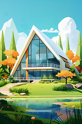 JPG 구름 호수 일러스트 자연 하늘 주택 풍경 초원 사람없음 야외 건물 국내일러스트 AI일러스트 AI콘텐츠 자연요소 건축물 생태계 파일형식