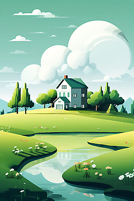 JPG 구름 호수 일러스트 자연 하늘 주택 풍경 초원 사람없음 야외 건물 초록색 국내일러스트 AI일러스트 AI콘텐츠 자연요소 건축물 컬러 생태계 파일형식