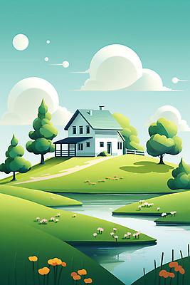 JPG 구름 호수 일러스트 자연 하늘 주택 풍경 초원 사람없음 야외 건물 초록색 국내일러스트 AI일러스트 AI콘텐츠 자연요소 건축물 컬러 생태계 파일형식