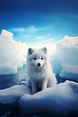 JPG 동물 편집이미지 한마리 겨울 하늘 사람없음 파란색 눈 북극 빙하 여우 백여우 북극여우 편집실사 AI포토 AI콘텐츠 자연요소 1 계절 컬러 포유류 날씨 극지방 CG 파일형식