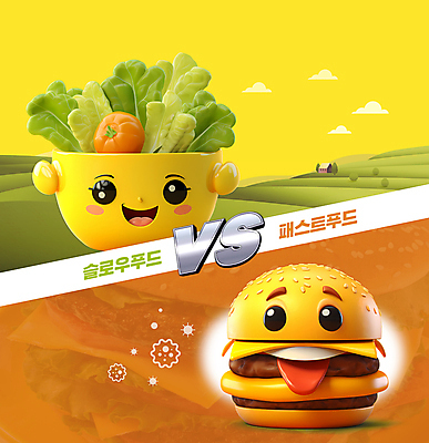 PSD 편집이미지 패스트푸드 건강 초원 사람없음 노란색 주황색 경쟁 샐러드 햄버거 비교 음식캐릭터 건강식 슬로우푸드 이미지편집 캐릭터 음식 컬러 컨셉 인스턴트 파일형식