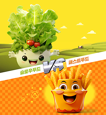 PSD 편집이미지 패스트푸드 건강 초원 사람없음 노란색 주황색 경쟁 샐러드 감자튀김 비교 음식캐릭터 건강식 슬로우푸드 이미지편집 캐릭터 음식 컬러 컨셉 감자 튀김 인스턴트 파일형식