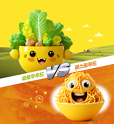 PSD 편집이미지 패스트푸드 건강 스파게티 초원 사람없음 노란색 주황색 경쟁 샐러드 비교 음식캐릭터 건강식 슬로우푸드 이미지편집 캐릭터 음식 컬러 컨셉 파스타 인스턴트 파일형식