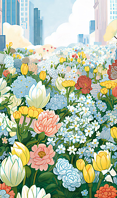 PSD 구름 꽃 백그라운드 꽃밭 일러스트 빌딩 사람없음 건물 컬러풀 봄 도시 빈티지 꽃집 가득함 꽃시장 국내일러스트 자연요소 식물 건축물 계절 컬러 컨셉 상점 시장 파일형식