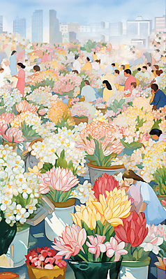 PSD 여자 남자 꽃 백그라운드 꽃밭 일러스트 빌딩 여러명 상반신 성인 건물 컬러풀 봄 도시 빈티지 꽃집 가득함 꽃시장 성인만 국내일러스트 식물 건축물 계절 컬러 다수 컨셉 사람 상점 시장 파일형식