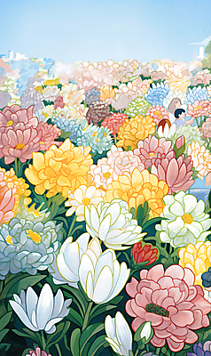 PSD 여자 남자 꽃 백그라운드 꽃밭 일러스트 상반신 성인 두명 컬러풀 봄 빈티지 꽃집 가득함 꽃시장 성인만 국내일러스트 식물 계절 컬러 컨셉 사람 상점 시장 파일형식