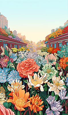 PSD 꽃 백그라운드 꽃밭 일러스트 사람없음 건물 컬러풀 상점 봄 빈티지 꽃집 가득함 꽃시장 국내일러스트 식물 건축물 계절 컬러 컨셉 시장 파일형식