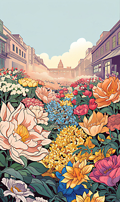 PSD 구름 꽃 백그라운드 꽃밭 일러스트 사람없음 건물 컬러풀 봄 빈티지 꽃집 가득함 꽃시장 국내일러스트 자연요소 식물 건축물 계절 컬러 컨셉 상점 시장 파일형식