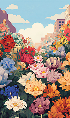 PSD 구름 꽃 백그라운드 꽃밭 일러스트 사람없음 건물 컬러풀 봄 빈티지 꽃집 가득함 꽃시장 국내일러스트 자연요소 식물 건축물 계절 컬러 컨셉 상점 시장 파일형식