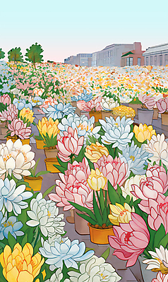 PSD 꽃 화분 백그라운드 꽃밭 일러스트 사람없음 건물 컬러풀 봄 빈티지 꽃집 가득함 꽃시장 국내일러스트 식물 건축물 계절 컬러 컨셉 상점 시장 파일형식
