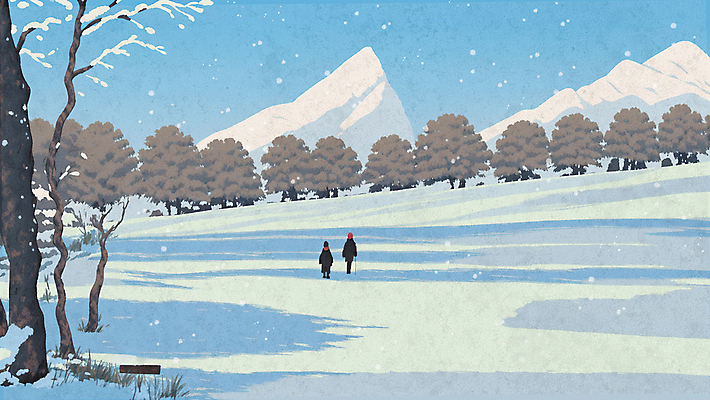 전신 PSD 나무 하늘색 설경 겨울 일러스트 사람 풍경 초원 두명 걷기 설원 추위 눈 겨울풍경 설산 국내일러스트 자연요소 식물 계절 모션 날씨 산 눈_날씨 파란색 파일형식